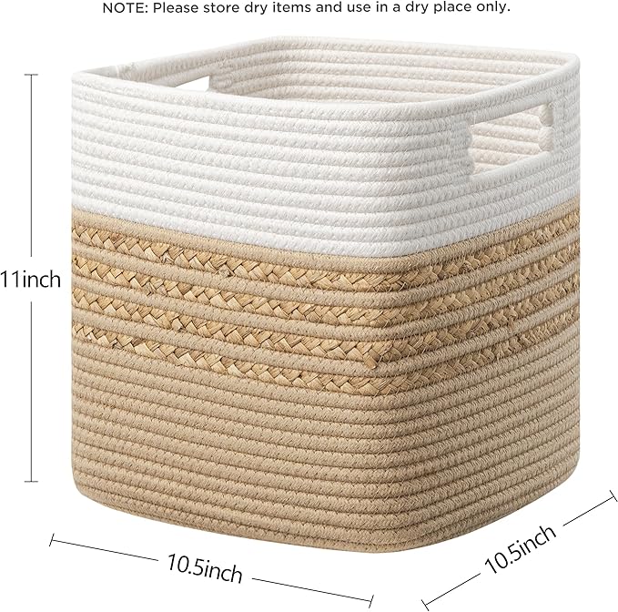 UBBCARE Set of 3 Storage Cubes 11 X 10.5 X 10.5 in, Water Hyacinth Storage Bins for shelves, Toys, Book, Storage Baskets with Handles, Cotton Rope Woven Baskets for Organizing, Brown - Image 2