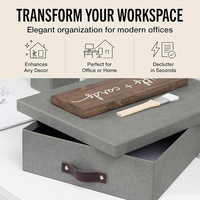 Bigso Box of Sweden Oskar Canvas Fiberboard Document Letter Box - File Organizer Box for Important Paperwork - Document Storage with a Lid & Handle - 3.3 in x 10.2 in x 13.8 in - 3 Pack - Grey - Image 2