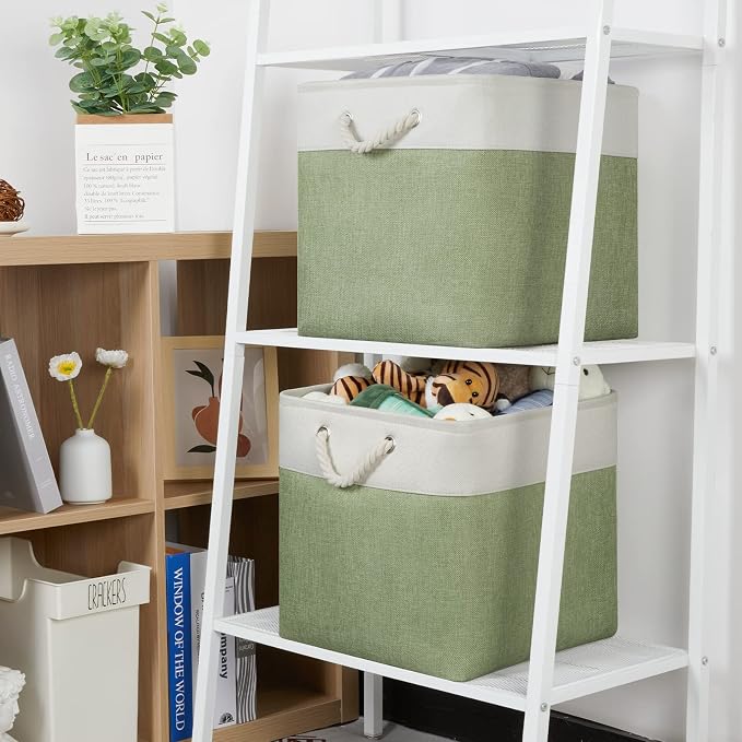 Temary Cube Storage Bins 13x13 Storage Cubes Basket for Gifts Empty, 4 Pack Large Storage Basket with Handles, Decorative Storage Baskets for Home (White&Green) - Image 3