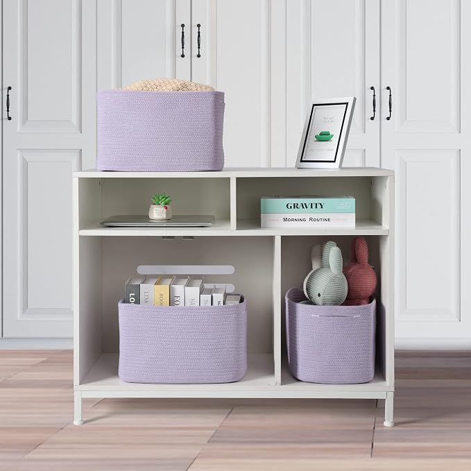 XUANGUO Woven Cotton Rope Storage Baskets 15x10x9.3" 3 Pack Purple Lavender | Decorative rectangular storage baskets for shelves and closets; storage bins organize clothes, toys, books and nursery items. - Image 4
