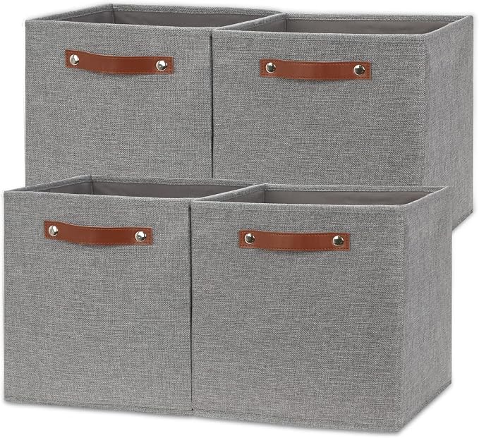 Temary 12x12 Storage Cube Bins 4 Pack Fabric Storage Cubes Storage Bins with Leather Handles, Storage Baskets Foldable Cube Organizers Bins for Home (Grey) by TEMARY