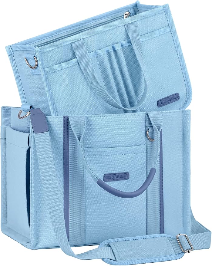 BESBESME Women’s Canvas Tote Bag with Zipper and Compartments – Multi-Pocket Laptop Work Crossbody Shoulder Tote Purse by BESBESME