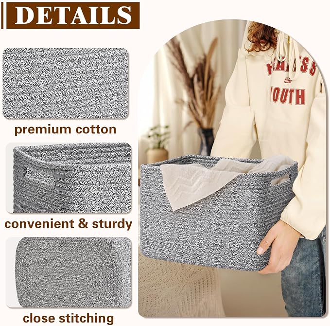 Storage Baskets for Organizing, 4 Pack Baskets for Shelves, Decorative Storage Bins for Shelves, Cotton Rope Storage Basket with Handles, Woven Basket for Storage, 13''Lx8.7''Wx7.9''H, Gray - Image 5