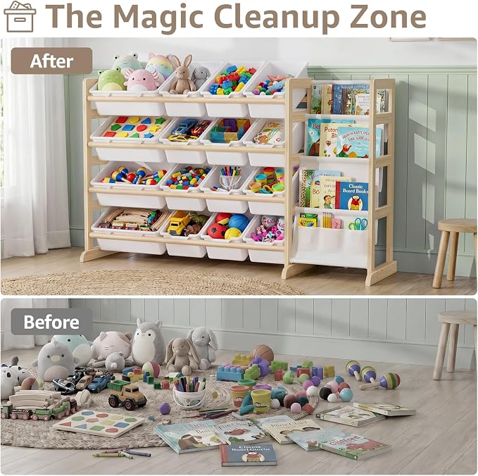 NUTIKAS Toy Storage Organizer with Bookshelf - Wooden 12 Bins Kids Toy Organizer Rack, Solid Pine Wood, Toys Box for Toddler, Playroom, Living Room, Bedroom, Nursery - Image 5