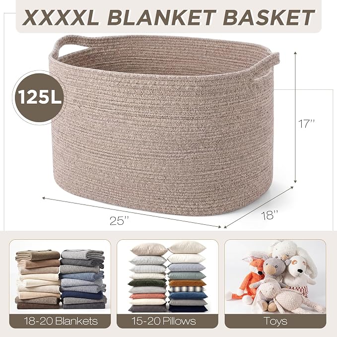 XXXXL 125L Extra Large Woven Blanket Basket, 25" x 18" x 17" Jumbo Cotton Rope Storage Basket with Handles Toy Storage Bins for Laundry Hamper Nursery Organizer Living Room Home(Natural Linen) - Image 4