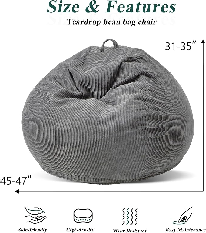 4FT Bean Bag Chair for Adults,Large Teardrop Beanbag with Filler | Beanbag Chair with Memory Foam Filled,Bean Bags with Handy Handle&Machine Washable Cover for Living Room,Bedroom-Grey - Image 2