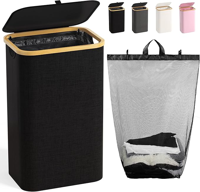 Laundry Hamper with Lid, Laundry Basket with Removable Bag, Black | 100L Large Dirty Clothes Hamper with Handle, Freestanding Bamboo Laundry Hamper for Bedroom, Bathroom, Laundry Room by Bathola