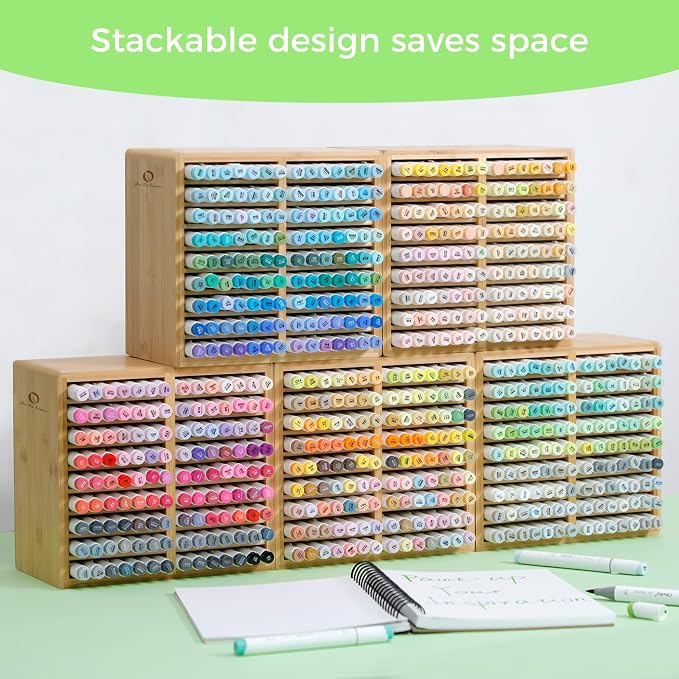 Ohuhu Bamboo Marker Organizer, Wooden Desktop Storage Holds 126 Markers | Markers Pens Pencils Art Brushes Stationary Organizer Pencil Holder with 18 Compartments for Classroom Office Decor Home - Image 8