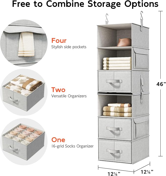 6-Shelf Hanging Closet Organizer with 3 Drawers, Separable, Silver Gray | Converts into Two 3-Shelf Organizers, Foldable Drawers, Side Pockets, Ideal for Wardrobe, Nursery, Dorm & Closet Storage - Image 3