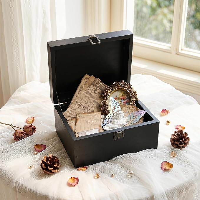 Wooden Keepsake Storage Box with Hinged Lid for Wedding Treasure Decorative | 8x6x4.4 Inches can Hold 5x7 Photos Baby Keepsakes, Stash Case with Black Velvet Base, Small Memory Case Black - Image 7