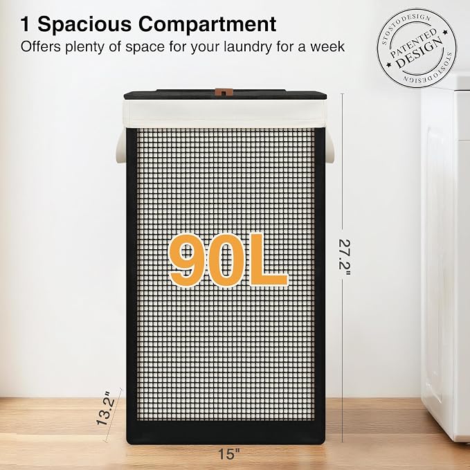 STO STO Laundry Hamper with Lid, 90L Sturdy Steel-Frame Clothes Hamper with Removable Washable Liner, Breathable Large Laundry Basket for Bedroom, Bathroom, Laundry Room, Dorm, Closet - Image 3