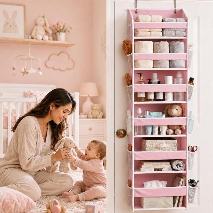 Over the Door Organizer, 6-Tier, 100D Fabric, Baby Pink 1pc | Over the door shoe organizer, 50 lbs capacity, 12 side mesh pockets, 100D extra thick fabric, Closet & entryway storage - Image 2