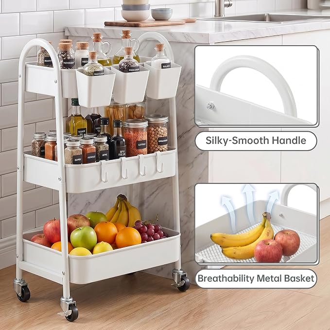 danpinera 3-Tier Rolling Cart, Utility Cart Mobile Metal Rolling Storage Cart with Lockable Wheels & Hanging Cups & Hooks for Kitchen, Bathroom, Office, Workshop, White - Image 3