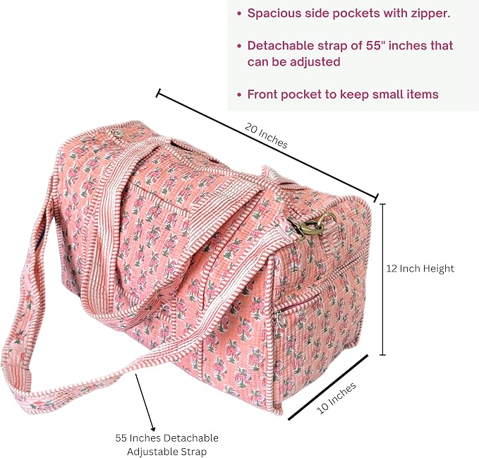 ATOSII Large Duffle Bag, Handblock Print 100% Quilted Cotton for Overnight Trip, Travel Weekender, Luggage, 2 Pockets with Zipper 1 Front Pocket, Detachable Long Strap, 20 X 10 X 12 Inches, Peach Aura - Image 2