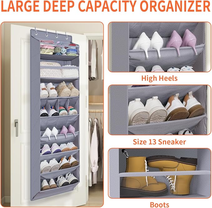 1 Pack Over The Door Shoe Organizer, 8 Shelves Hanging Shoe Organizers, | 68" Exlarge Deep Pockets Shoe Rack for Closet, Shoe Holder for Boots, Sneakers, Heels, Over Door Organizer in Home, RV, Grey - Image 2