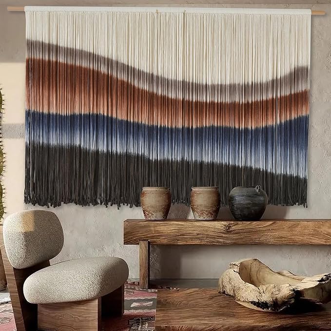 Macrame Wall Hanging Tie-Dye Bule Boho Wall Decor Yarn Fiber Art 57"W*35"L | Large Wall Hanging, Handmade Fiber Art, Dip Dyed Cotton, Boho Wall Decor, for Bedroom Decor Living Room Wall Accent - Image 3