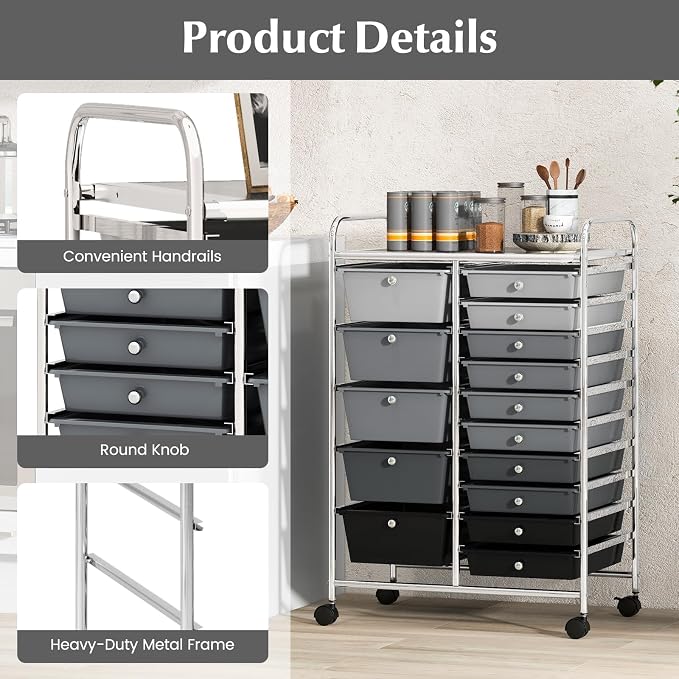 COSTWAY 15 Drawer Rolling Storage Cart, Mobile Storage Organizer | Removable Drawers & Metal Frame, Multipurpose Utility Tools Paper Organizer on Wheels for Home, Office (Mixed Black) - Image 6