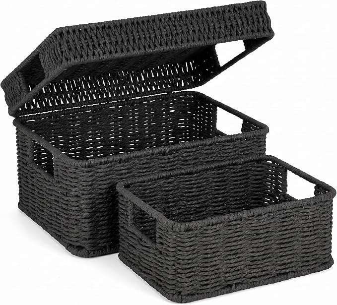 Wicker Storage Basket with Lid for Shelves, Set of 2, Black | One rectangular wicker basket with lid and one open basket for decorative shelf storage; removable lid flips into a tray. by GANLUX