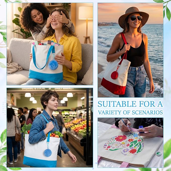 Sanwuta Canvas Tote Bags Bulk with Zipper and Plush Coin Purses 18.5" Reusable Cotton Shopping Bags with Handle for DIY Craft - Image 2