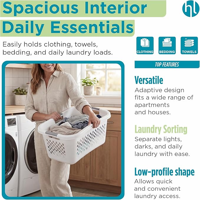 Home Logic 1.5 Bushel Plastic Laundry Basket Front Load, Large Laundry Hamper with Handles, Ventilated Clothes Organizer for Bedroom Bathroom Closet, 4 Pack, White - Image 5