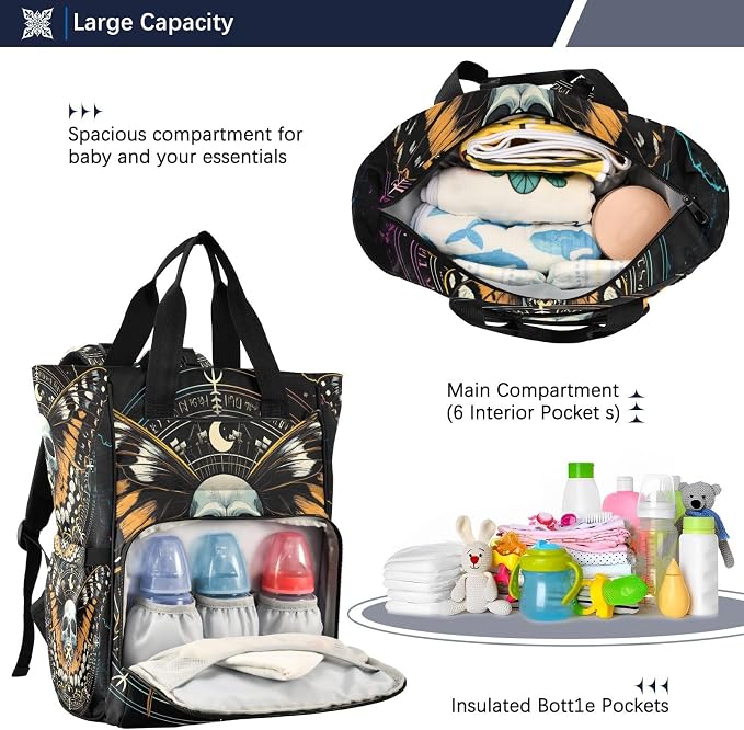 MNSRUU Mysterious Skull Horoscope Diaper Backpack Multifunction Travel Diaper Tote Large Capacity Diaper Changing Backpack for Moms & Dads - Image 5