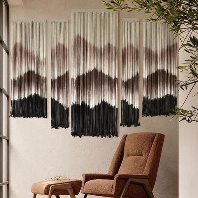 5Pcs Set Macrame Wall Hanging Mountain Art Brown Dip Dyed Boho Wall Decor | Cotton Rope Craft, Mountain Wall Art, 5 Piece Set, Ready To Hang, Wedding Backdrop Decor - Image 4