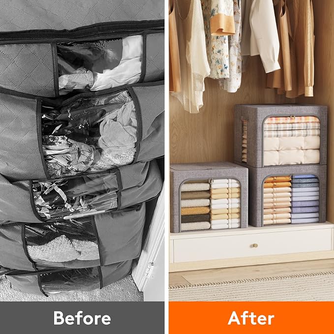 Lifewit Clothes Storage Bins with Metal Frame, Stackable Storage Box, Foldable Clothing Storage Bins with Lids, 75L Storage Bags Fabric Box Organizer with Clear Window＆ Zippers＆ Sturdy Handles 3 Pack - Image 8