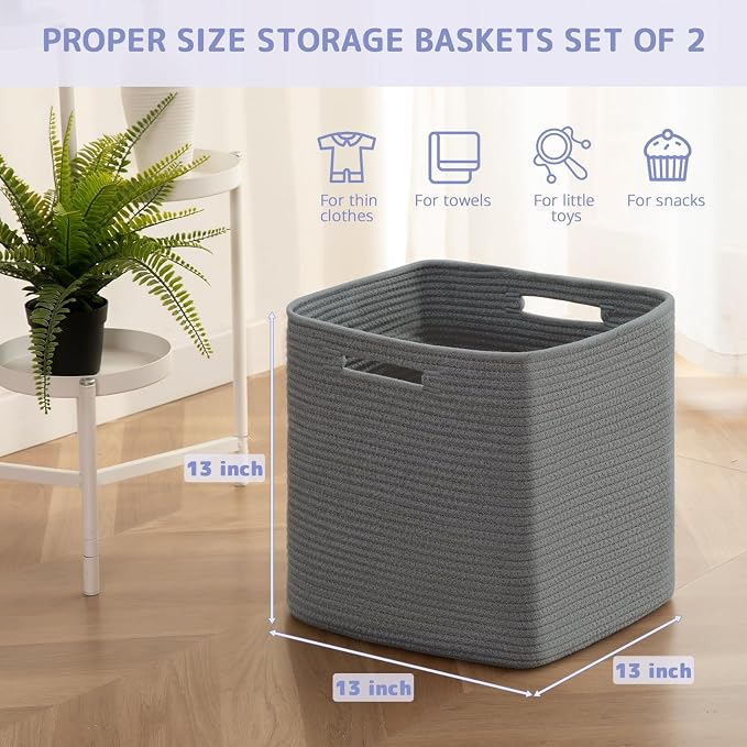OIAHOMY 2 PACK Cube Storage Bin 13 Inch Collapsible Storage Cube Dark Grey | Cube Storage Organizer Storage Bins for Shelves Baskets for Organizing Woven Rope Storage Baskets - Image 2
