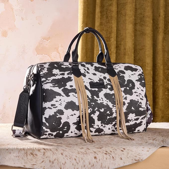 Wrangler Rustler Wildside Cow-Print Weekender Duffel Bag Large Carry On Bags with Tassels, Black - Image 5