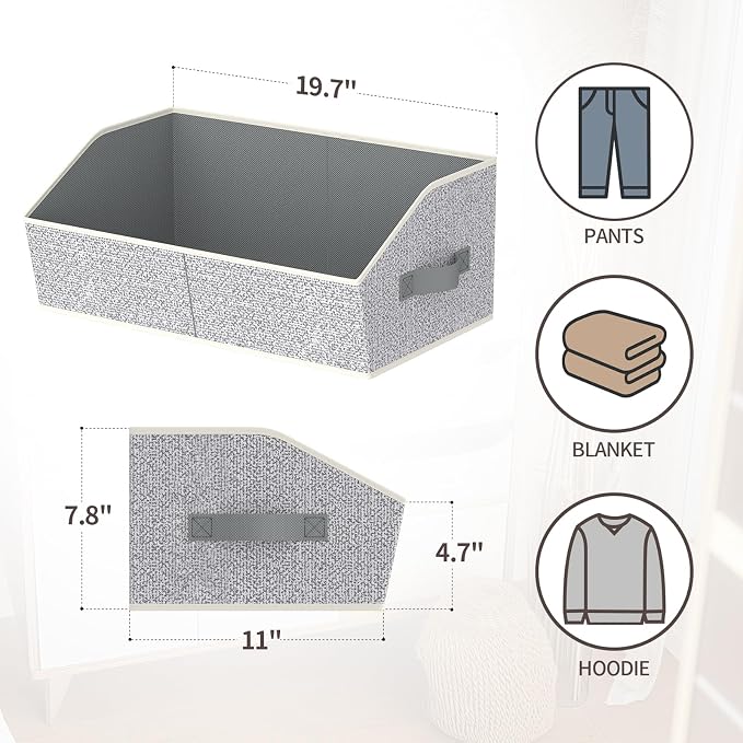 Storage Bins for Shelves - Large Trapezoid Closet Shelf Organizer, Fabric Organization Bins with Handles, Storage Baskets for Clothes, Towel, Purse, 4 Pack, Light Gray - Image 3