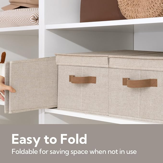 StorageWorks Fabric Storage Bins with Lids, Decorative Storage Bins | Lidded Dust-proof, Easy Pull Handles, Foldable, Stackable, Ideal for Clothes Blanket Towel, Large, Brown and Beige, 3-Pack - Image 4