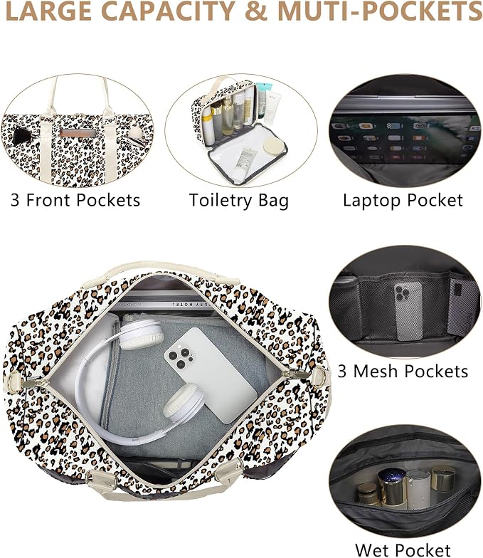 Women Weekender Travel Duffle Bag: Travel Duffel Overnight Bags with Shoe Compartment Large Carry on Tote with Toiletry Bag Weekend Traveling Yoga Gym Hospital Bag for Women with Wet Pocket Leopard - Image 2