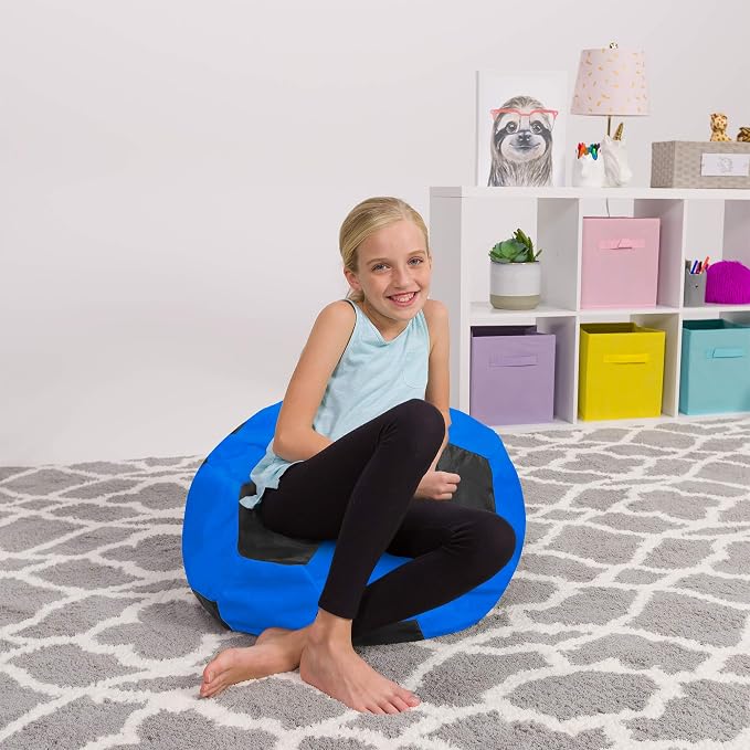 Posh Creations Kids Stuffed Animal Storage Bean Bag Chair Cover - Childrens Toy Organizer, Medium-27in, Sports Soccer Ball Blue and Black - Image 2