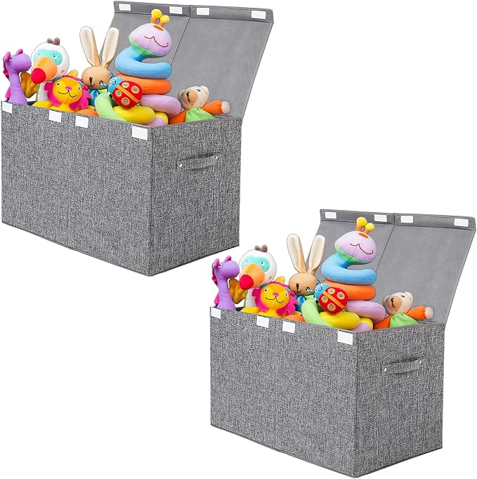 2 Pack Large Toy Box Storage with Lid, Collapsible Sturdy Toy Chest Storage | Toy Chest with Rivets Handles for Kids, Boys, Girls, Nursery, Playroom, Living Room, Bedroom, 25"x 13" x 16" (Linen Gray) by popoly