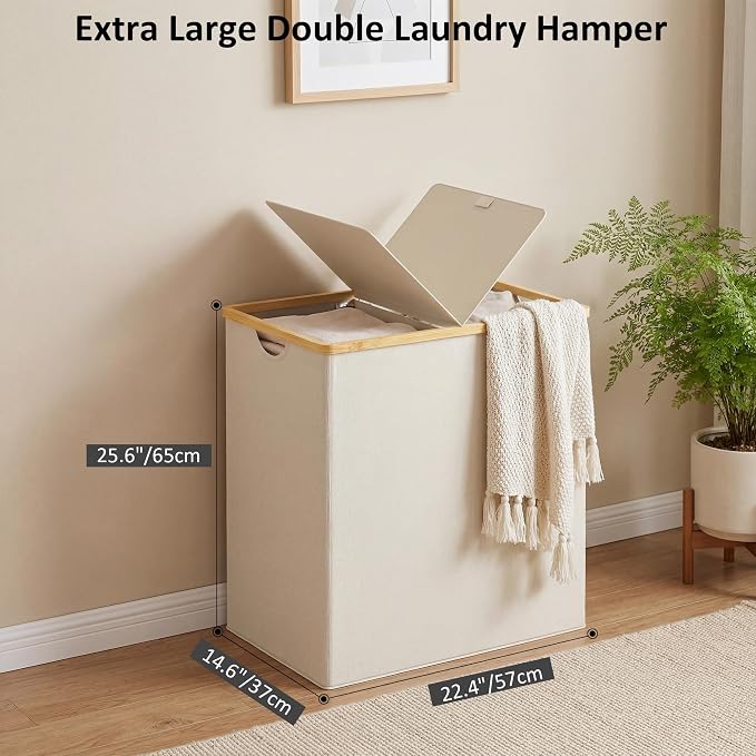 efluky Laundry Hamper with Lid, Double Laundry Basket with 2 Removable Bags, 2 Section Laundry Bin with Bamboo Handles for Bathroom, Bedroom & Laundry Room, 140L (36.9 Gallon) Beige - Image 2