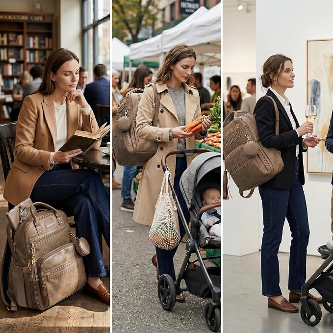 ROSEGIN Premium Vegan Leather Diaper Bag Backpack with Waterproof Changing Pad, Reinforced Zippers & Odor-Free, 20 Pockets Pro Organizer, Fits 15.6" Laptop, Stroller Straps, Baby Bag for Mom, Taupe - Image 4