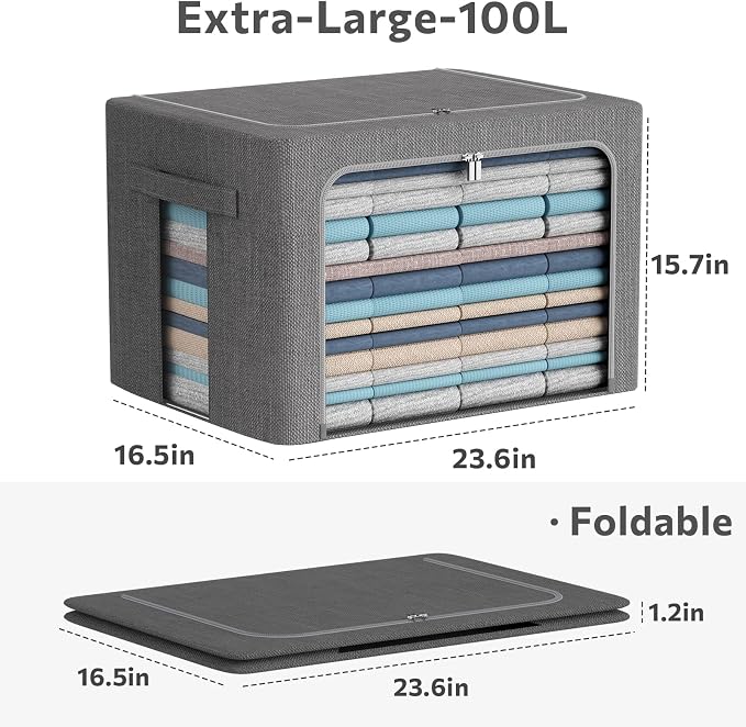 CYhom Extra Large Clothes Storage Bins - Linen Fabric Foldable Stackable Container Organizer Set with Clear Window & Carry Handles & Metal Frame (Dark Gray, Extra Large-100L) - Image 4