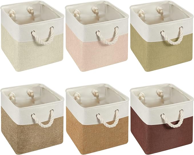 6 Pack 11x11 Inch Boho Cube Storage Bins Fabric Square Cube Basket, 6 Color | Boho Foldable Organizer with Sturdy Handles, Home Closet Bin for Shelves, Durable Cube Baskets Bulk for Home Storage by Geiserailie