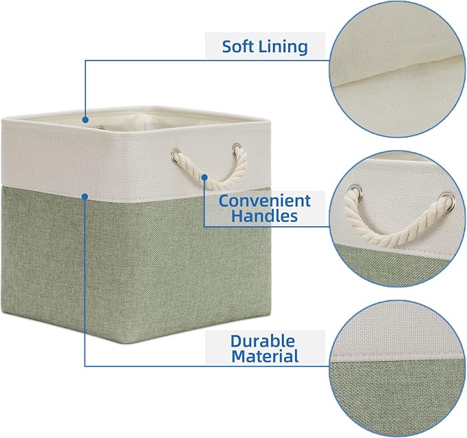 Temary Cube Storage Baskets for Shelves 12 Inch Storage Cubes 4pack Fabric Storage Baskets for Organizing Clothes, Closet Basket with Rope Handles for Home (White&Green) - Image 3