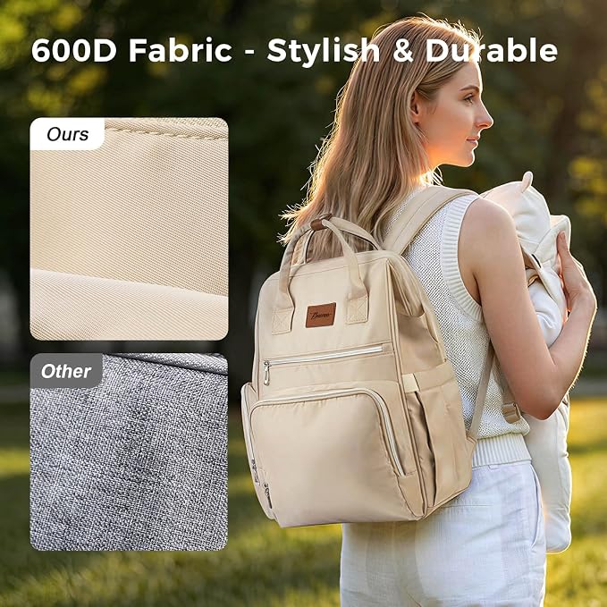 Diaper Bag Backpack with Wet/Dry Pocket, Changing Pad, 27L Beige | 14 Pockets, 3 Insulated Bottle Pockets & Rear Opening for Organizing, Stroller Straps & Luggage Sleeve for Travel - Image 7