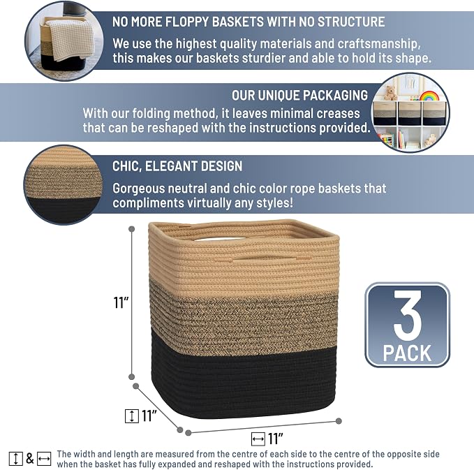 NaturalCozy Storage Cubes 11 Inch Cotton Rope Woven Baskets for Organizing, 3-Pack | Cube Storage Bin | Square Storage Baskets for Shelves Organizer, Classroom, Kids Toy Bins, Closet, Baby Nursery - Image 2