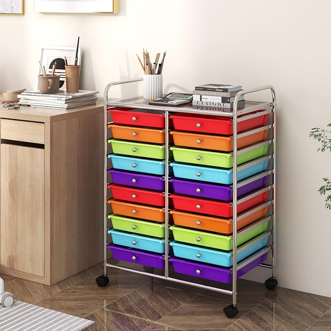 RELAX4LIFE 20 Drawer Rolling Storage Cart, Mobile Rolling Cart w/Drawers for School Classroom Teacher Office Home Salon, Paper File Art Supply Craft Organizer, Utility Cart on Wheels (Multicolor) - Image 8
