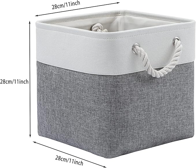 MidmmVick 11 x 11 Inch Cube Storage Bins, 6 Pack Large Collapsible Fabric Storage Bin with Ropes, Foldable Storage Cubes for Home, Office,Closet, Clothes, Toys Organizer (White & Grey-11"x11"x11") - Image 5