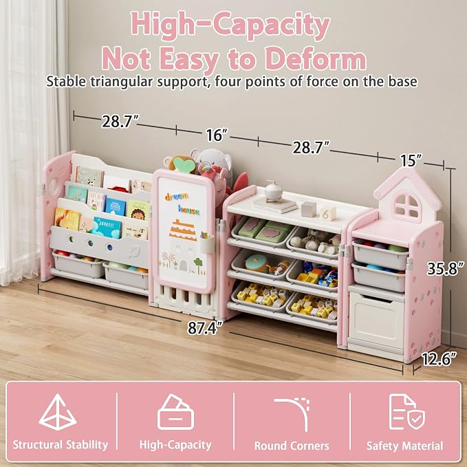 Kids Toy Storage Organizer with 10 Removable Bins, Foldable Toy Organizers and Storage with 3-Tier Bookshelf for Kids Toy Storage Organizer with Drawing Board, Extra 3 Brushes (4 In 1 Light Pink) - Image 2
