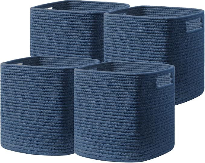UBBCARE Set of 4 Storage Basket-11 X 10.5 X 10.5 In, Cotton Rope Basket for Shelves, Toys, Book, Cube Storage Bins with Handles, Woven Storage Basket for Organizing, Navy Blue by UBBCARE