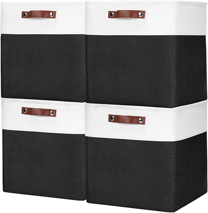 13x13 Cube Storage Bins, Collapsible Fabric Storage Box, 4 Pack Closet Baskets with Handles for Organizing, Shelf, Toys, Clothes, Home, Office, Nursery (Black&White) by Bagnizer