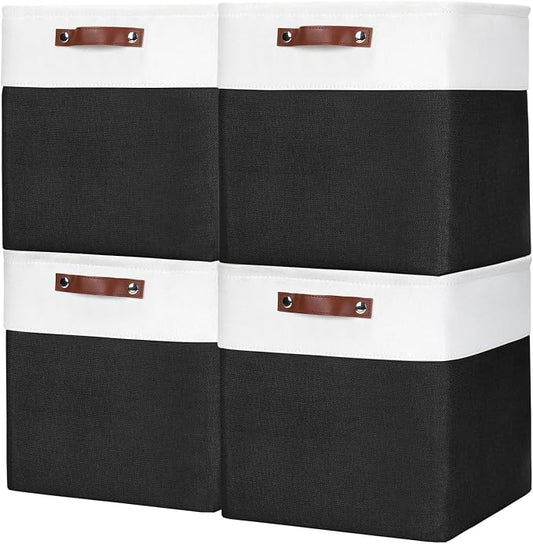 13x13 Cube Storage Bins, Collapsible Fabric Storage Box, 4 Pack Closet Baskets with Handles for Organizing, Shelf, Toys, Clothes, Home, Office, Nursery (Black&White) by Bagnizer