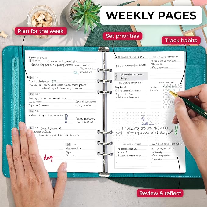 Clever Fox Weekly Planner Binder, Undated Daily A5 Eco Leather Turquoise | 7 x 10 in with A5 pages, mini 3 ring portfolio organizer, work time manager, day runner, agenda book with monthly calendars - Image 3