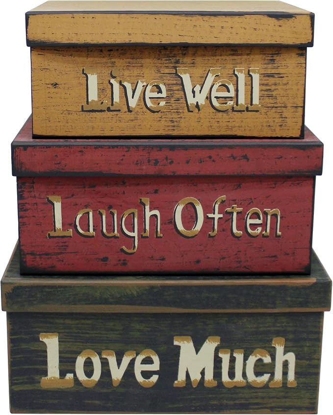Primitive Vintage Rectangular “Live Well, Laugh Often, Love Much” Cardboard Nesting Boxes, Large 12 X 9 X 5-1/2 Inch. Set of 3. - Image 2