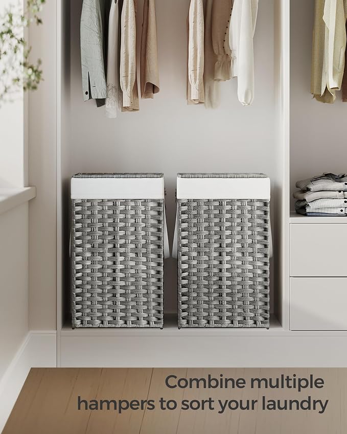 SONGMICS Laundry Hamper with Lid, 17.2 Gallon (65 L) Synthetic Rattan Clothes Laundry Basket with Lid and Handles, Foldable, Removable Liner, Dove Gray ULCB165G01 - Image 9